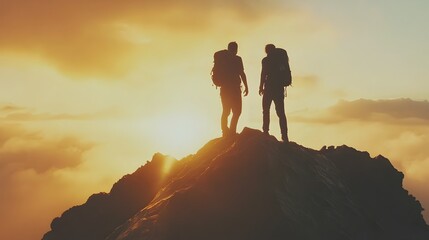 Silhouetted Hikers Admiring Majestic Sunset Landscape on Mountain Ridge