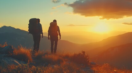 Two hikers silhouetted against a breathtaking sunset mountain landscape during their outdoor