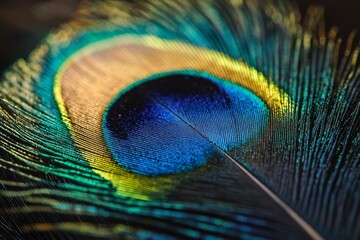 Obraz premium A close-up of a peacock feather, with its vibrant blue and green colors and intricate patterns clearly visible. 