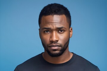 Obraz premium Sad black man with thoughtful expression, isolated on blue background. Close-up portrait of reflection and melancholy.