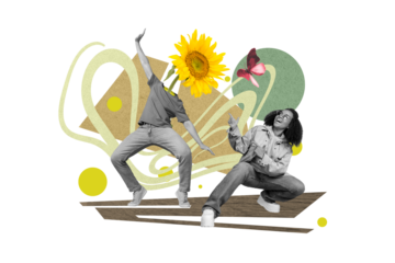 Nature springtime collage design portrait of two people head sunflower fingers pointing partner have fun isolated on green background