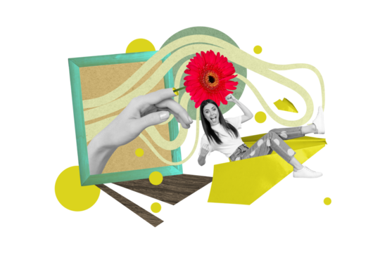 Creative collage of young girl flying paper plane photorealism painting picture frame finger red gerbera isolated on green background