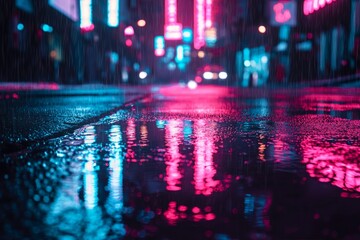 A close-up shot of neon lights reflecting in rain puddles on a dark city street at night. 