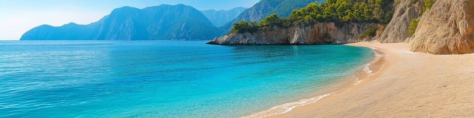 A beautiful beach with a clear blue ocean. The water is calm and the shore is rocky. The sky is clear and the sun is shining