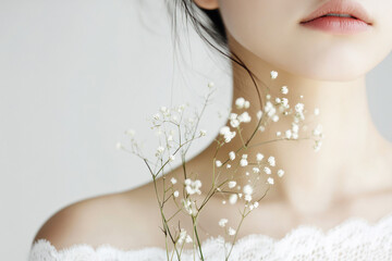 Woman's delicate collarbone adorned with tiny flowers