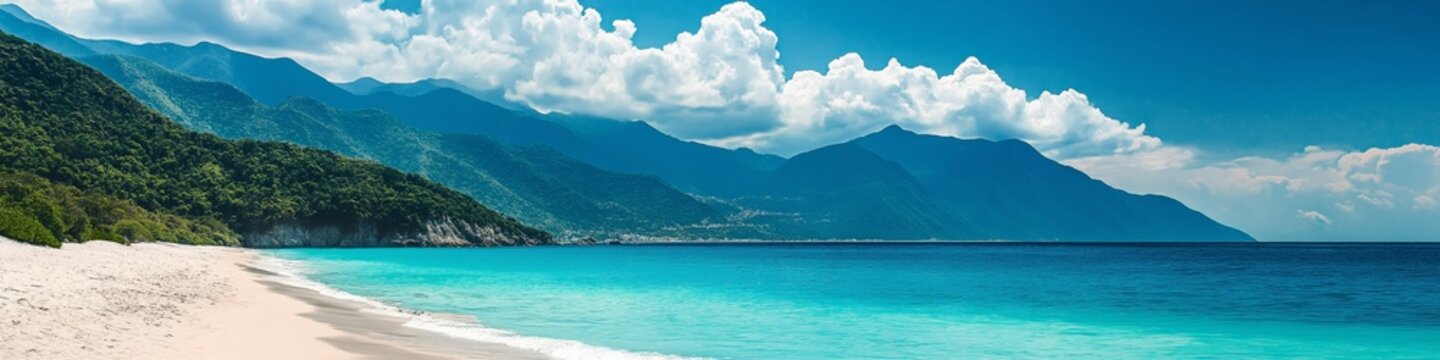 A beautiful beach with a clear blue ocean and mountains in the background