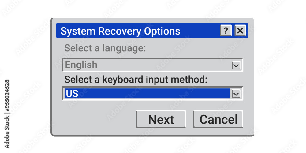 Poster old system recovery options. window with system settings. retro control panel.