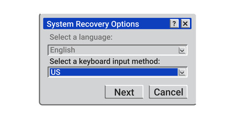 Old System recovery options. Window with system settings. Retro control panel.