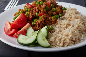 Minced beef curry with rice.
