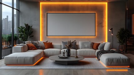A contemporary living room with a sectional sofa, a sleek coffee table, and a blank wall frame as the centerpiece, with stylish decor and soft lighting enhancing the space