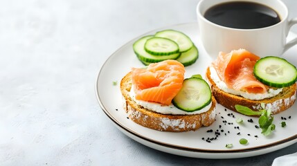 Savory Smoked Salmon Toast with Fresh Cucumber Slices on a White Plate Served with a Cup of Freshly