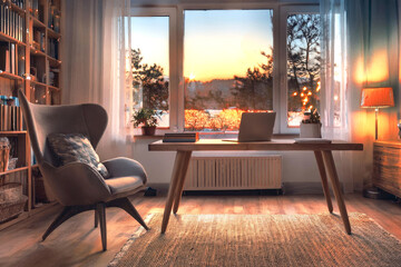 Fototapeta premium The interior of the office is decorated with a focus on classic wooden tables and a creative atmosphere.