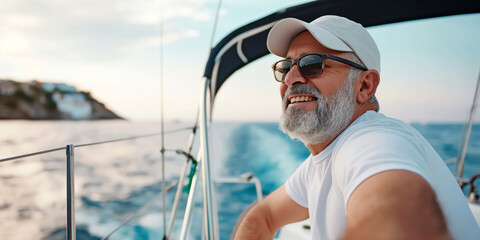 Happy elderly man sailing on a yacht in scenic ocean view at sunset