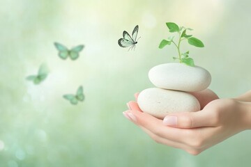 Serene hand with stones and butterfly, green background