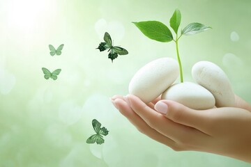 Hand with stones, sprouting plant and fluttering butterflies