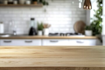 kitchen table background, wood counter top on blur of white clean abstract home interior with bokeh. used for display or montage your wooden for dining background. ai