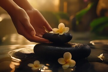 Hands holding stones with flowers in serene water