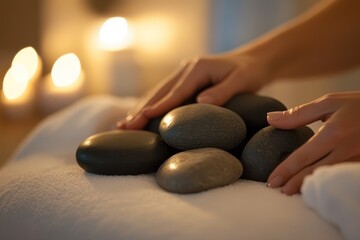 Hands carefully placing hot stones for massage