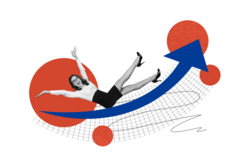 Composite collage  picture of overjoyed black white colors elegant girl raise hands growing arrow upwards isolated on drawing background