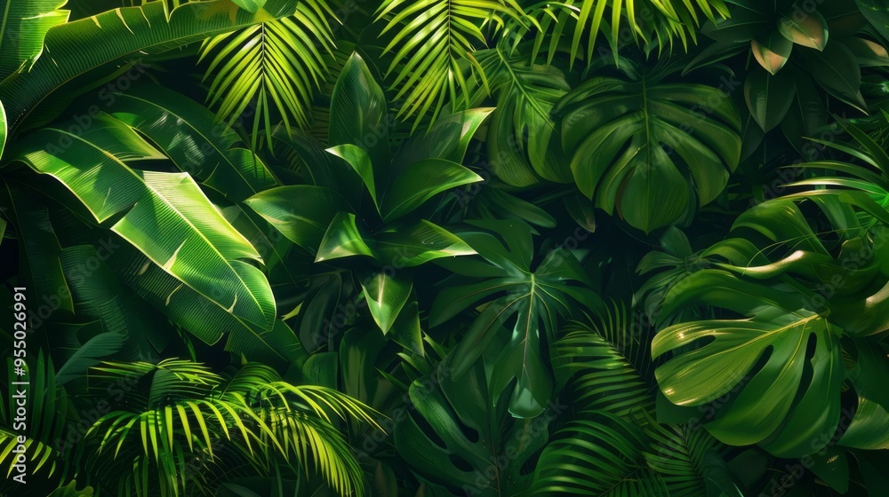 Poster a lush green jungle with many different types of plants and trees