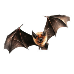 A close-up of a brown bat in flight with its wings spread wide