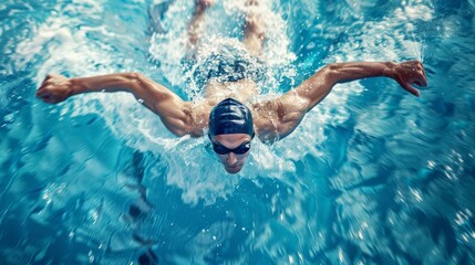 A man is swimming in a pool with his arms outstretched