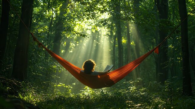 Tranquil Morning Bliss - Person Relaxing in Hammock with Book Under Trees in Soft Morning Light