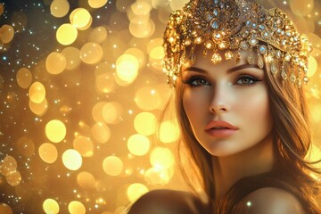 Woman with ornate gold crown and bokeh background.