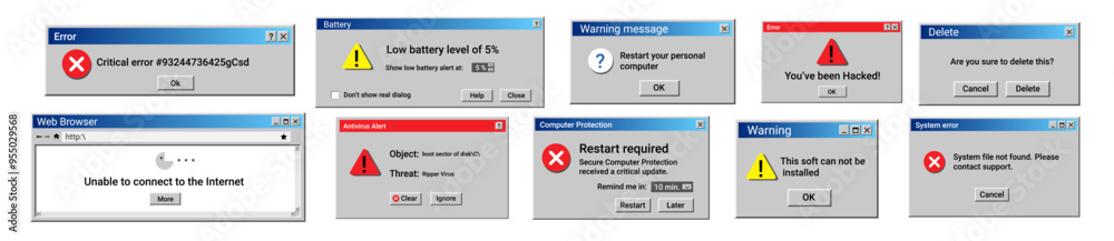 Poster Retro error message. Damaged computer problem warnings. Crash widgets in old style.