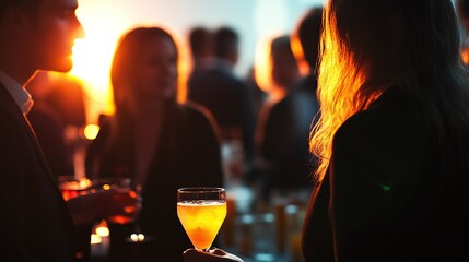 A group of people enjoying drinks and socializing at a lively party atmosphere, A corporate event with people networking and mingling. AI generated