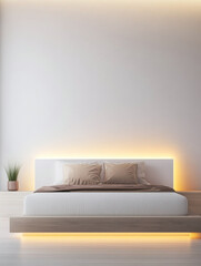 Modern bedroom interiors with a stylish bed, a large window and warm led lighting