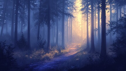 Obraz premium A misty forest path leading to a sunlit clearing.