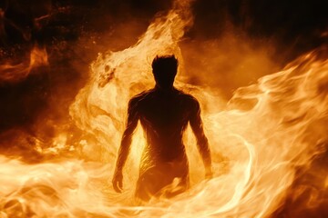Obraz premium Person walking through inferno of blazing fire.