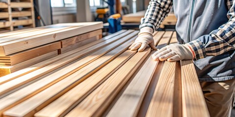 Carpenter working with wooden planks in workshop. A skilled carpenter wearing a plaid shirt and gloves carefully selects wooden planks from a large stack in a woodworking workshop. 