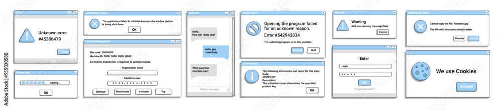 Poster Set of window error pop up in blue color old style. Chat bot application. Warning notification on screen.