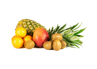Several kinds of tropical fruits are lying on a white background