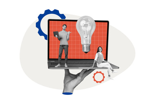 Abstract composite photo collage of young happy colleagues think searching for creative ideas for business isolated on painted background - Powered by Adobe