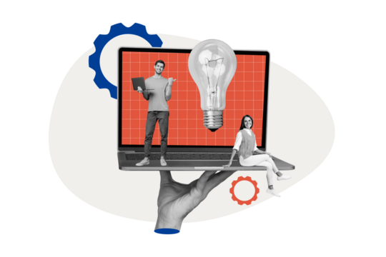 Abstract composite photo collage of young happy colleagues think searching for creative ideas for business isolated on painted background