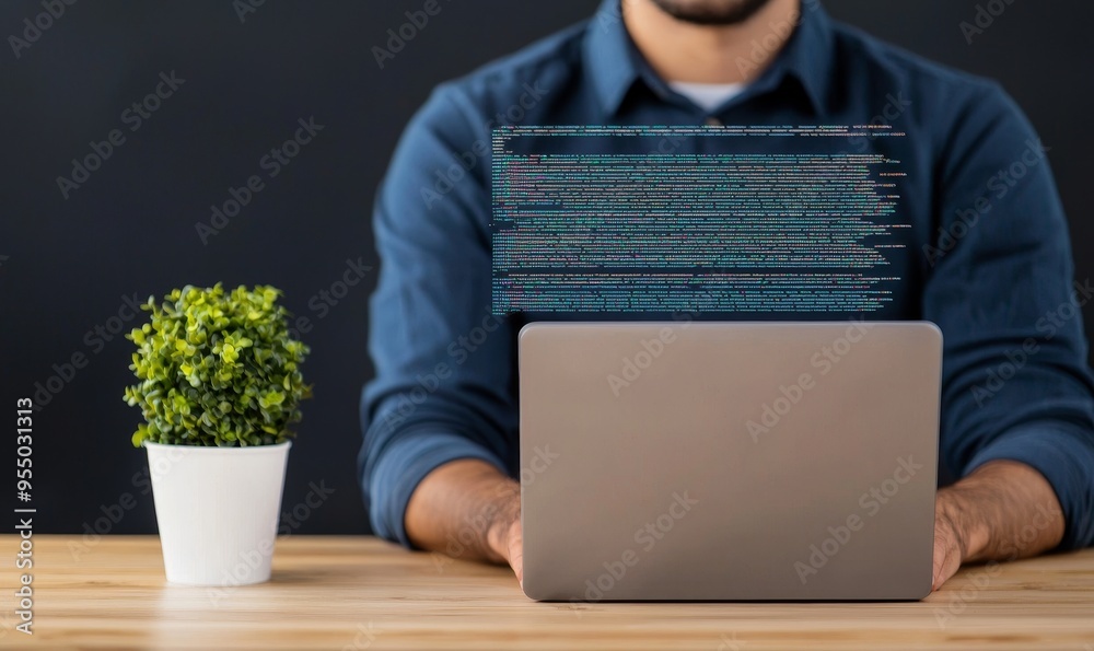 Poster programmer working on laptop with blurred code background and plant in foreground