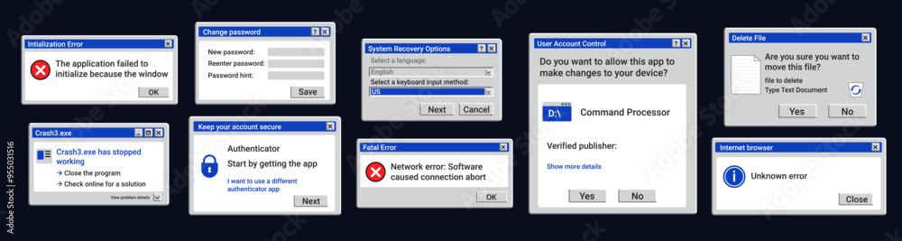 Poster Old error notifications. Change password retro window. System recovery options on screen.