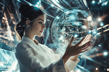 Woman Interacting with Glowing Holographic Sphere