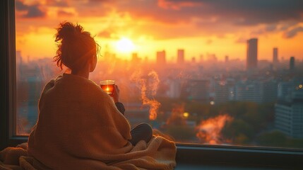 Serene Morning: Person Wrapped in Blanket Sipping Tea on Balcony Overlooking Awakening City Below