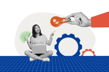 Creative composite photo collage of happy excited girl sit with laptop hold money think business ideas isolated on colorful background