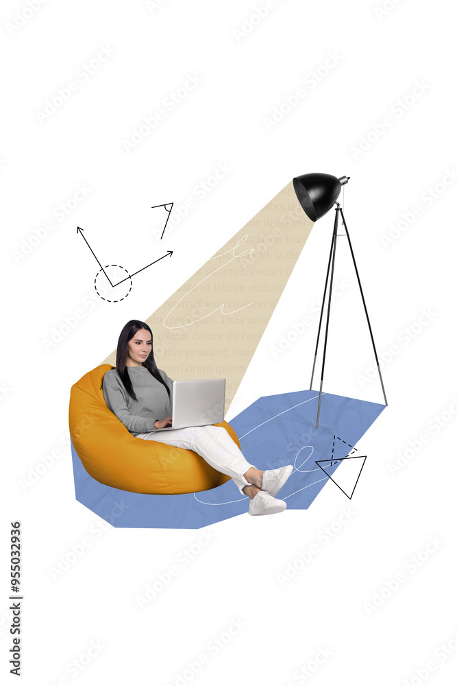 Poster collage image of beautiful charming girl sitting soft bag writing sms message modern netbook isolate