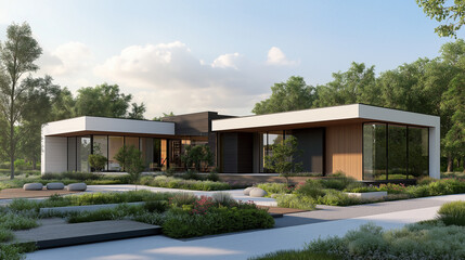 Design a modern, eco-friendly home with a minimalist approach, covering an area of 150 square meters. The house should be self-sufficient, featuring innovative sustainable technologies.