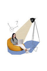 Collage image of beautiful charming girl sitting soft bag writing sms message modern netbook isolated on beige color background