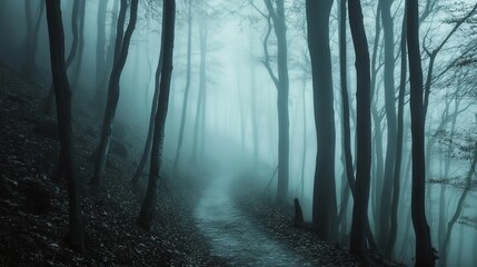 A misty forest path with tall trees on either side.