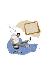 Collage sketch artwork of cheerful happy man sitting office armchair having fun isolated on beige...