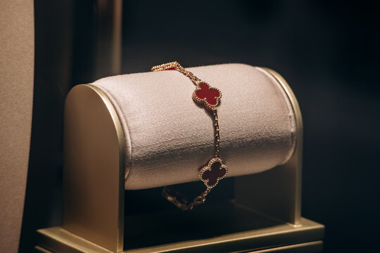 Vienna, Austria - August 6, 2024: Van Cleef bracelet in a window in the center of Vienna
