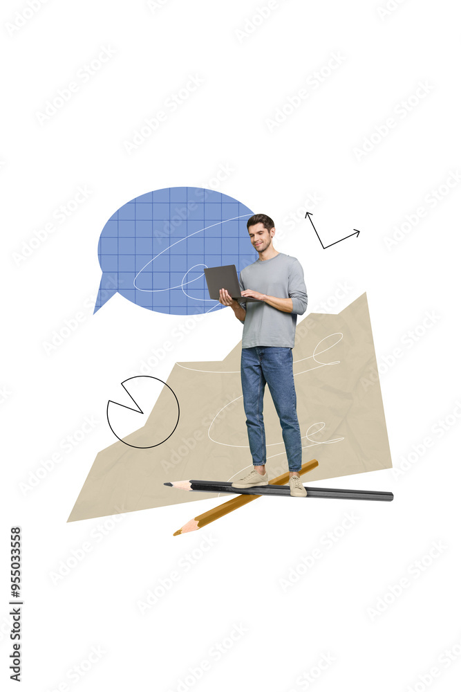 Poster collage magazine of handsome man student solving homework analyzing diagram isolated on drawing beig
